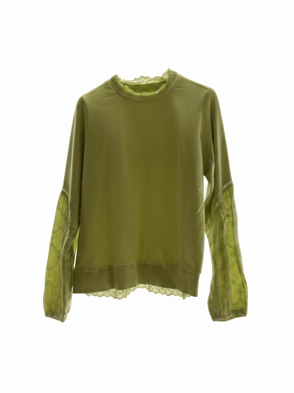 Calligraphie Lime Green Lace-Trim Long Sleeve Top Sz L